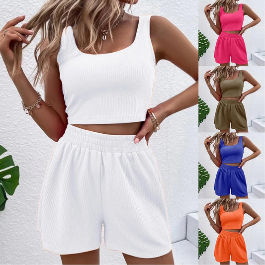 Rib-knit Crop Tank Top & Shorts White Casual Plain Camisole&Track Shorts Two Pieces Set Scoop Neck High Stretch Summer Women
