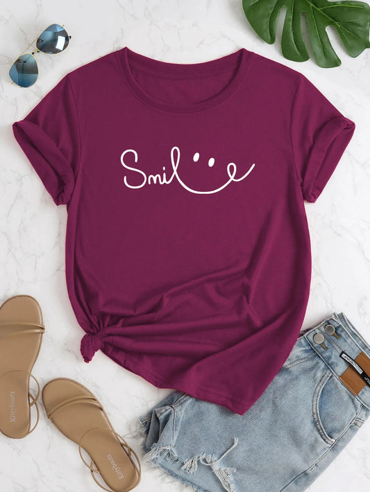 Smile Print Crew Neck T-shirt, Casual Loose Short Sleeve Fashion Summer T-Shirts Tops, Women's Clothing
