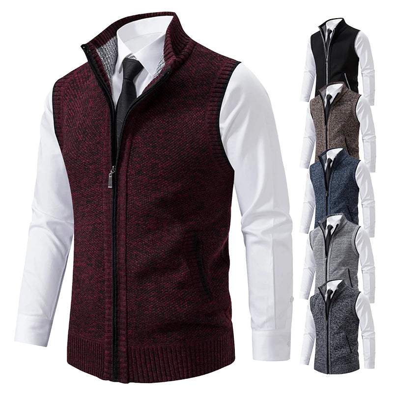 Vest Men's Knitted Sleeveless Sweater Wool Velvet Zipper Cardigan Turn-down Pullovers Turtleneck Sweatercoat Knit Waistcoat