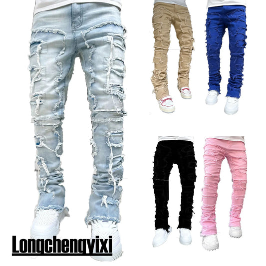 Streetwise Stretch Patch Jeans For Men Bottom Baggy Men's Clothing Summer Solid New Fashion Mid Waist Patchwork Long Pants Male