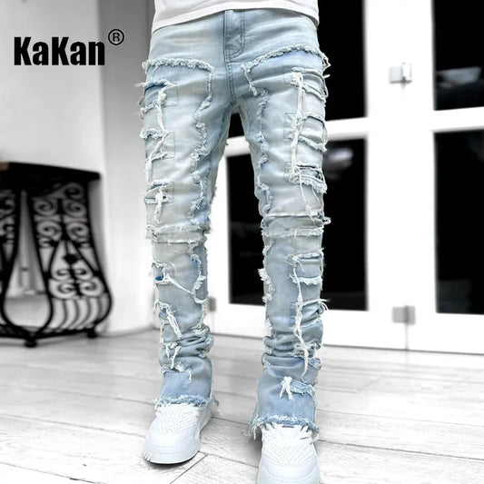Kakan - New European and American Heavyweight Streetwise Stretch Patch Jeans for Men, High Street Straight Fit Long Jeans16-3001