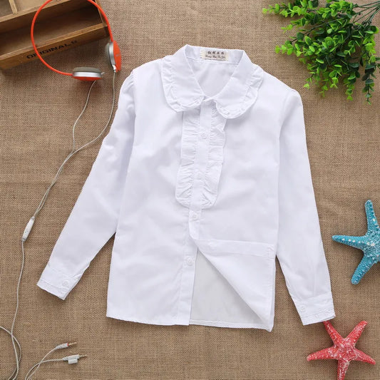 new summer spring girls lace cotton solid White baby kids girls Blouse white shirts  with long sleeves for children girls