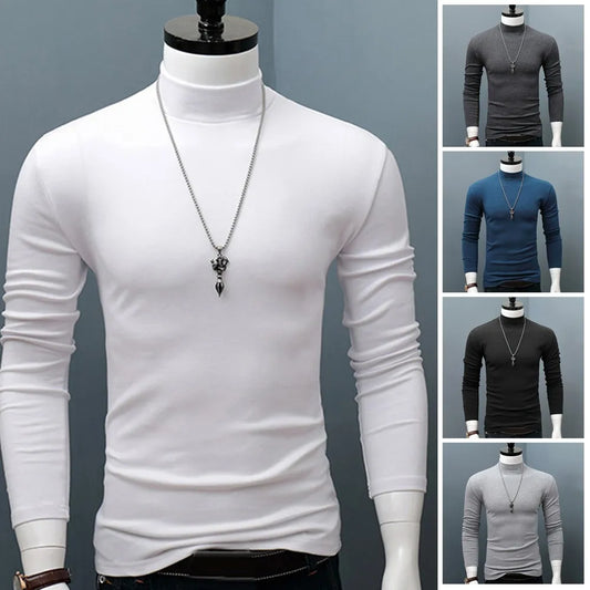 Hot Winter Warm Men Mock Neck Basic Plain T-shirt Blouse Pullover Long Sleeve Top Male Outwear Slim Fit Stretch Fashion Sweater