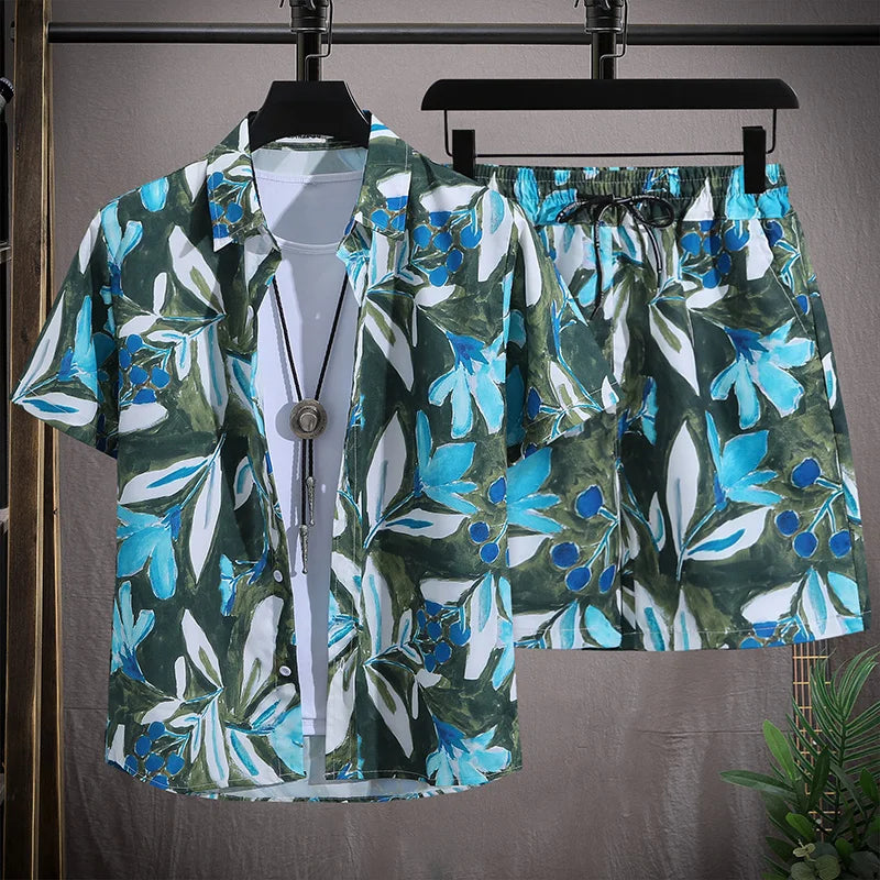 Men's Hawaiian Beach Set Single Breasted Short Sleeve Shirt and Shorts Casual Summer Vacation Travel Outfit