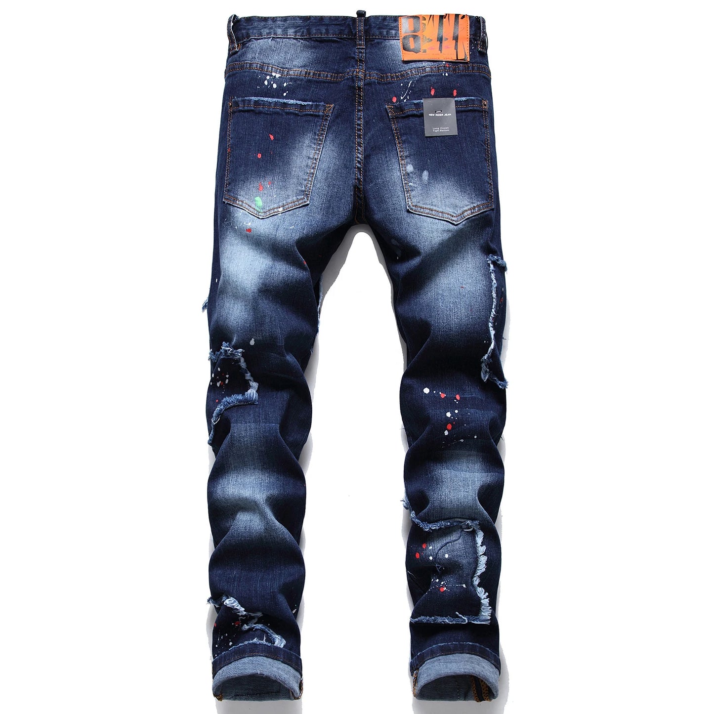 Light Luxury Men’s Slim-fit Patches Blue Jeans,High Quality Dot Paint Print Beggar Jeans,  Stylish Sexy Street Jeans;