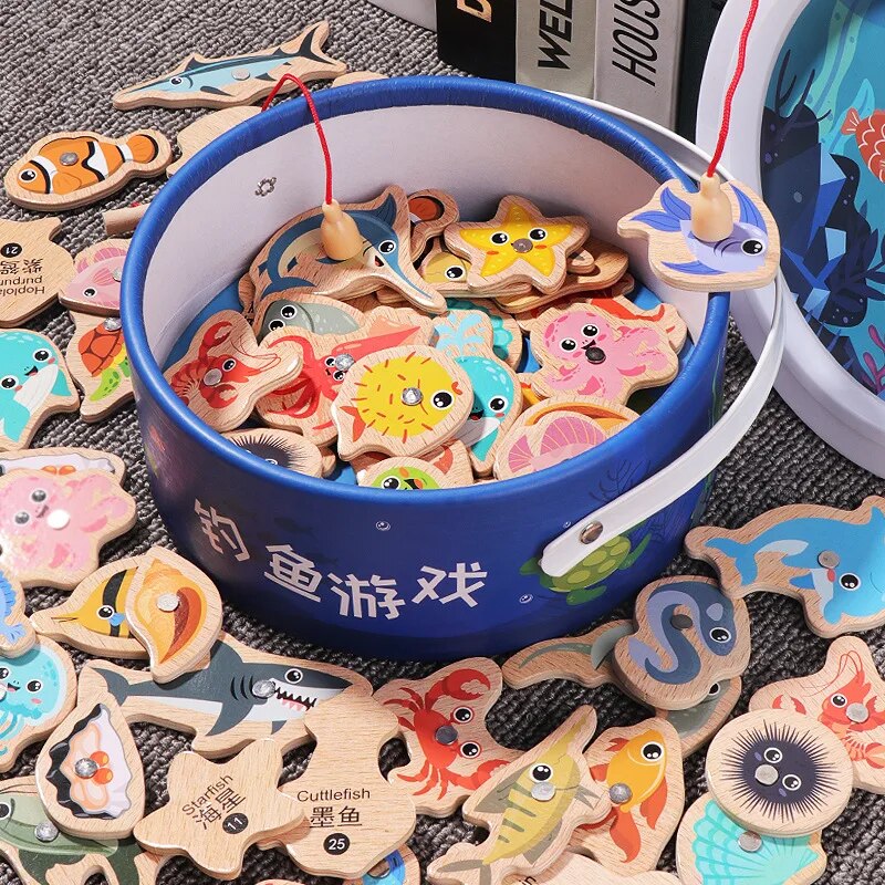 Montessori Wooden Magnetic Fishing Toys for Baby Cartoon Marine Life Cognition Fish Games Education Parent-Child Interactive