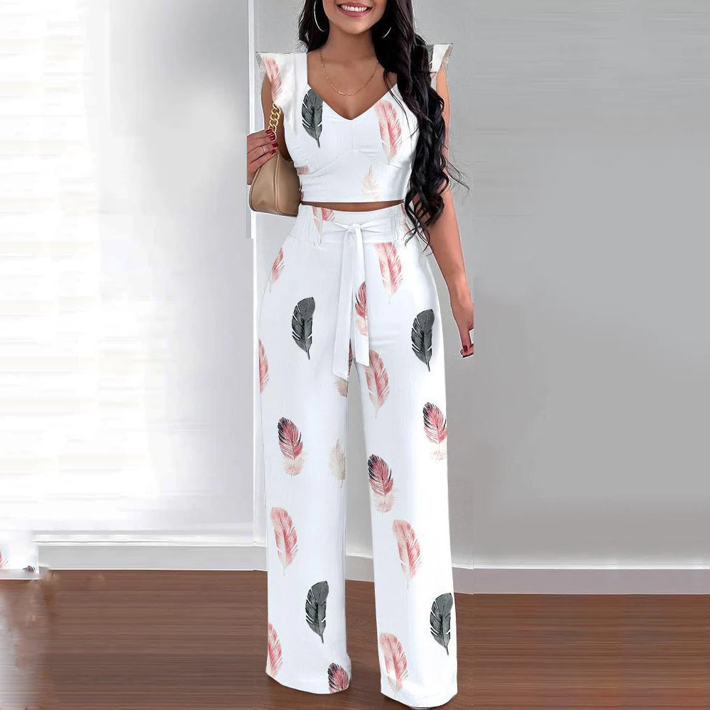 Women Casual Sleeveless Top Long Pants Two Pieces Print Ruffles Lace-Up Loose Wide Leg Pants Suit Set Summer