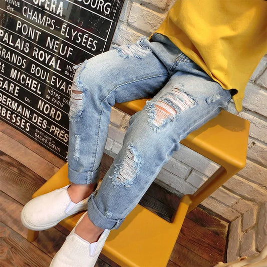 New Spring Autumn Boys and Girls Ripped Hole Jeans Fashion Fall Broken Denim Trousers Kids Jeans