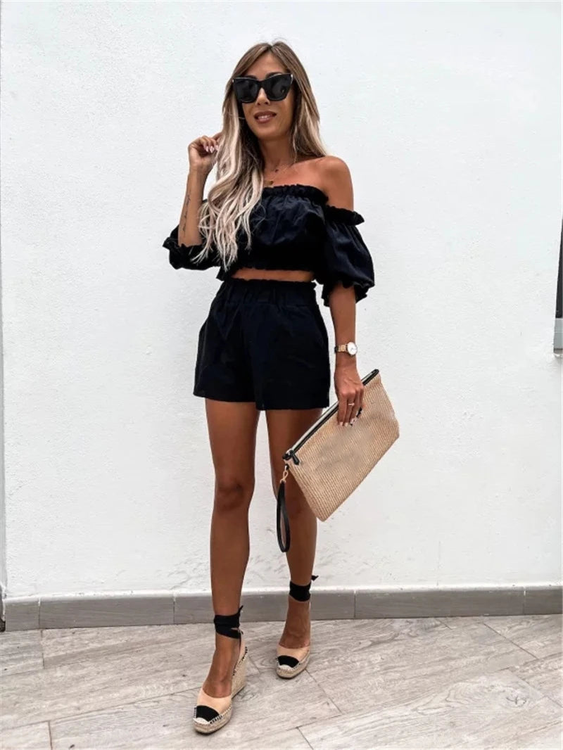 Women Casual Short Sleeve Outfit 2023 Summer Fashion One-Word Collar Lantern Sleeve Pocket Suit Female Top Shorts Two Pieces Set