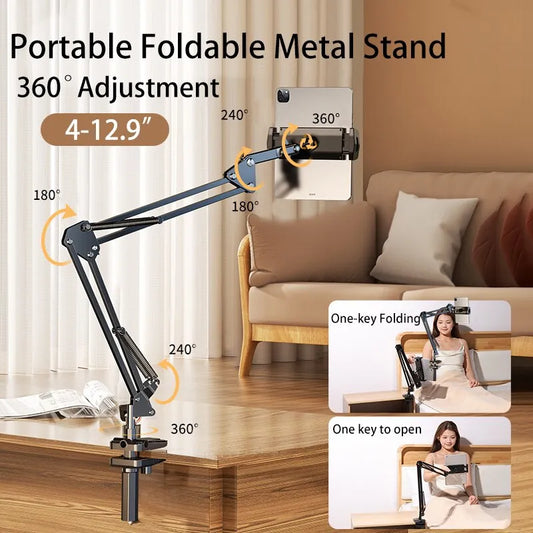 Tablet Stand Rotatable Phone Stand Long Arm Metal 180° Adjustable Holder For iPad Pro Mini Air Xiaomi Tablet Compatible 4-12.9”