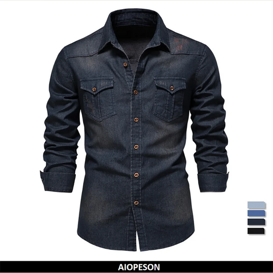 AIOPESON Brand Elastic Cotton Denim Shirt Men Long Sleeve Quality Cowboy Shirts for Men Casual Slim Fit Mens Designer Clothing