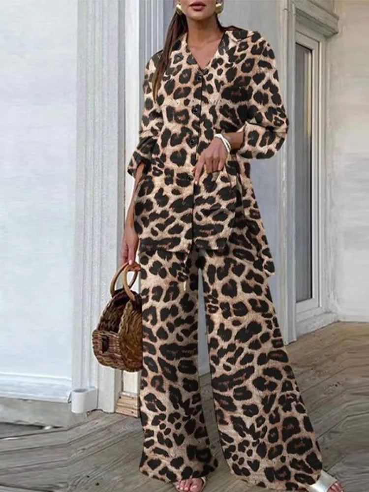 Leopard Women's Suit V-Neck Long Sleeve Button Shirt High Waist Wide Leg Straight Pants Set 2024 Spring Street Lady 2 Piece Set