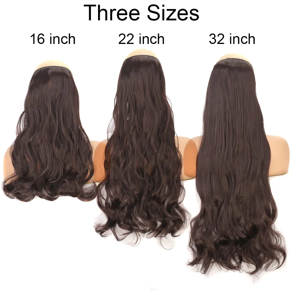 16"/22"/32" Curly/Straight Secret Wire No Clip Halo Hair Extensions Hidden Wire Synthetic Hairpieces Adjustable Transparent Wire