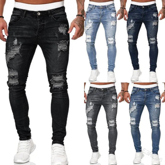 Fashion Street Style Ripped Skinny Jeans Men Vintage wash Solid Denim Trouser Mens Casual Slim fit pencil denim Pants hot sale