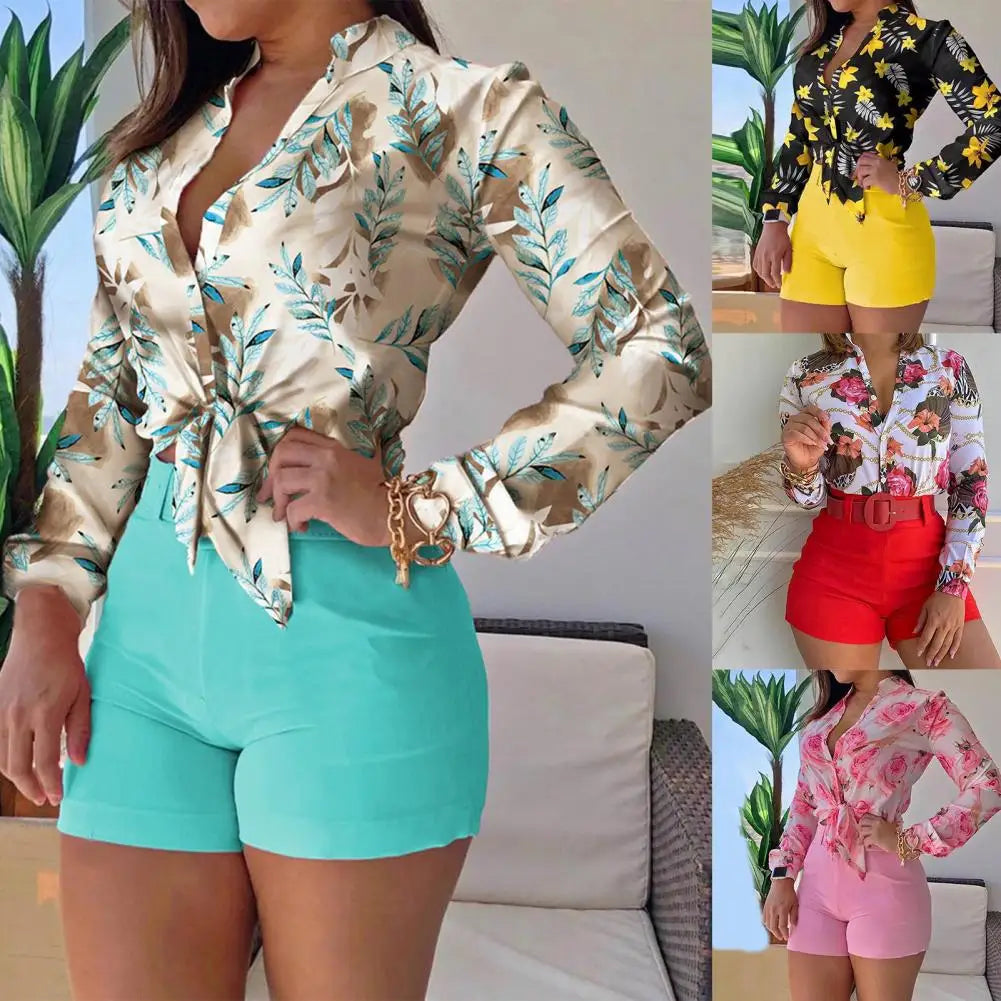 1 Set Women Blouse Shorts Suit Floral Spring Summer Printed Blouse Pure Color Shorts Office Ladies Shirt Shorts
