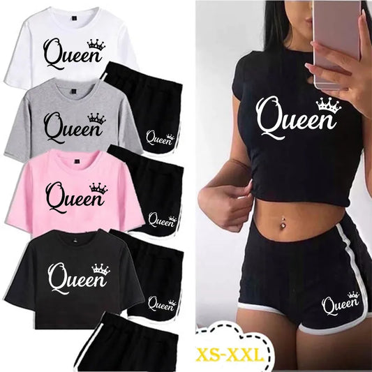 Summer Fashion Women Queen Print Tracksuit Clothes 2 Piece Set Woman Sports Suits Shorts Crop Tops Shorts Pants Outfit