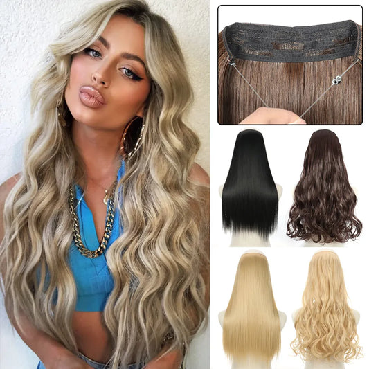 16"/22"/32" Curly/Straight Secret Wire No Clip Halo Hair Extensions Hidden Wire Synthetic Hairpieces Adjustable Transparent Wire