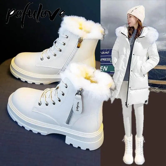 Snow Boots Plush Warm Medium Boots Women's Black and White Winter Thickened Warm Snow Flat Shoes Zapatos Mujer