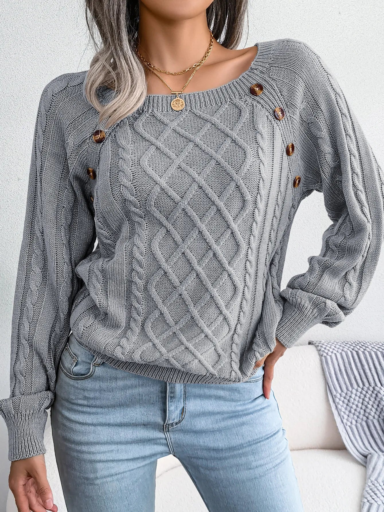 Women Casual Square Collar Buttons Long Sleeve Knitted Pullovers And Sweaters For Autumn Winter 2023