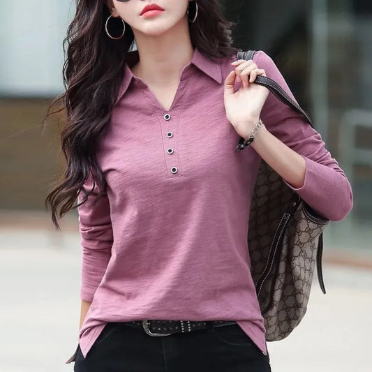 HI-FASHION Women Autumn Cotton Button T-Shirt Korean Harajuku Lapel Office Long Sleeve Female Plus Size Tops Tees Shirt