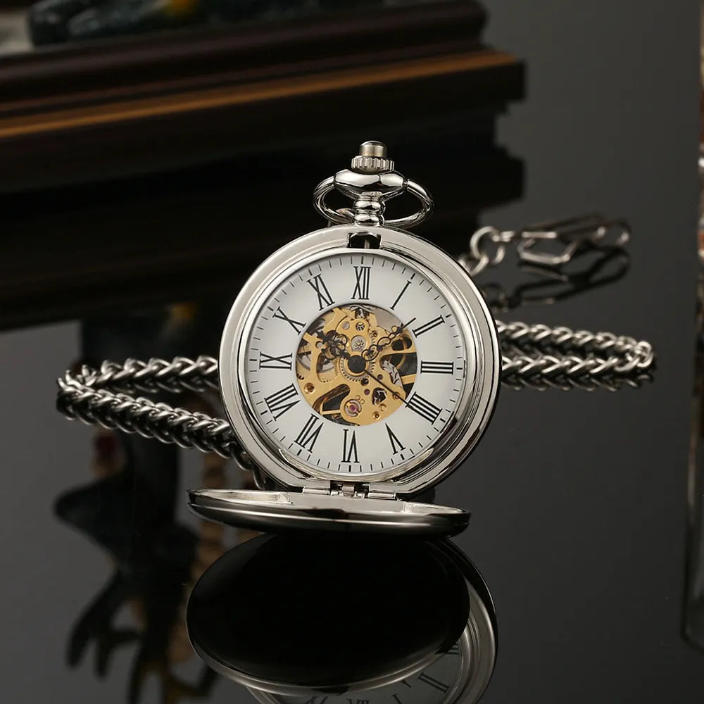 New Hand Wind Mechanical Men Pocket Watch Skeleton Dial Steampunk Necklace Pendant Vintage Dress Fob Watches for Weeding Gift