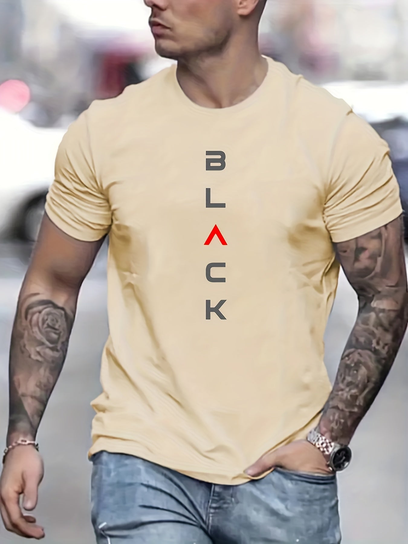 'Black' Print Tee Shirt, Tee For Men, Casual Short Sleeve T-shirt For Summer Spring Fall, Tops As Gifts
