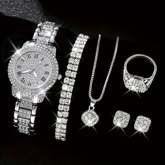 6pcs/set Women's Watch Luxury Rhinestone Quartz Watch Rome Fashion Analog Wrist Watch & Jewelry Set, Gift For Mom Her