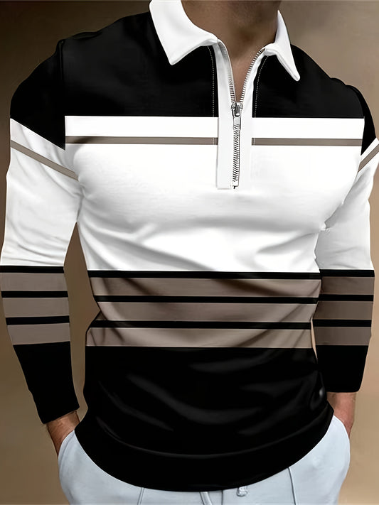 Color Block Striped Men's Long Sleeve Zipper Lapel Shirt, Men's Stylish Spring Fall Golf Shirt