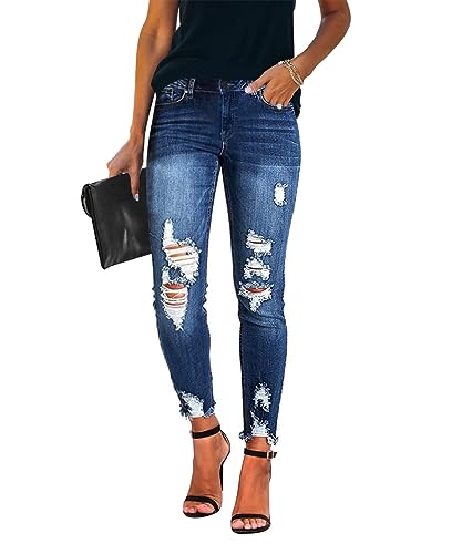 KUNMI Women's Mid Waisted Skinny Ripped Jeans Slim Fit Distressed Stretchy Denim Pants