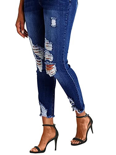 KUNMI Women's Mid Waisted Skinny Ripped Jeans Slim Fit Distressed Stretchy Denim Pants