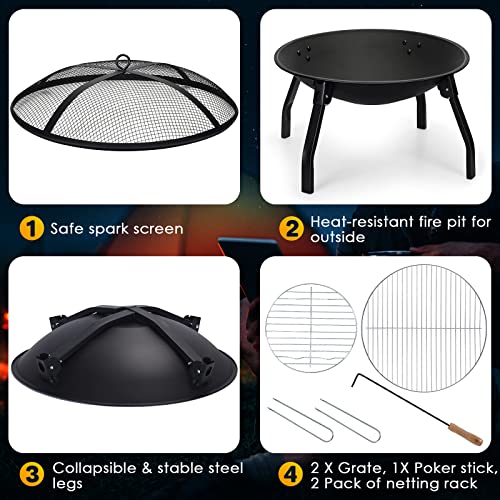 Cogesu Fire Pit, 22in Foldable Wood Burning Fire Pits for Outside, Firepit with Carry Bag, Spark Screen & Poker, Pack Grill, Folding Legs for Camping, Picnic, Bonfire