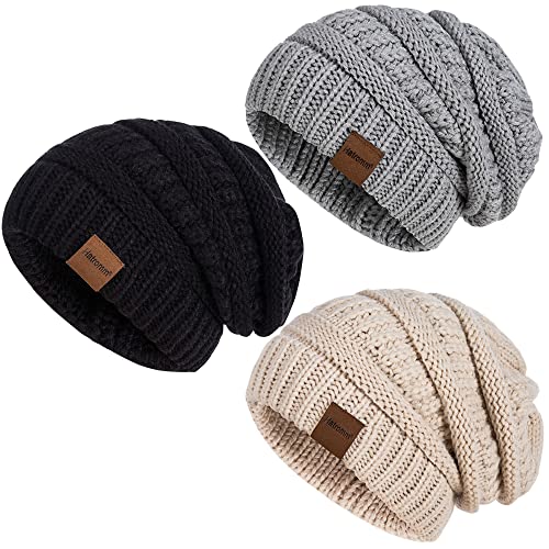 Womens Beanies 3 Pack - Slouchy, Oversized, Thick Knit Winter Hats for Cold Weather (Black, Oatmeal, Dark Gray)