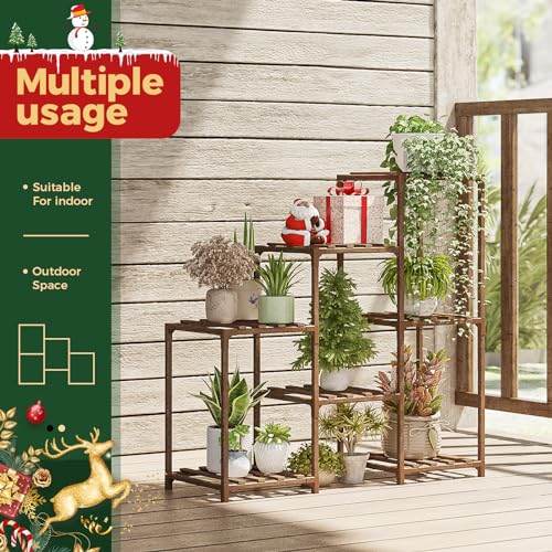 Bamworld Plant Stand Indoor Wood Plant Shelf Outdoor Tiered Plant Rack for Multiple Plants 3 Tiers 7 Pots Ladder Plant Holder Plant Table for Plant Pots Boho Home Decor for Gardening Gifts