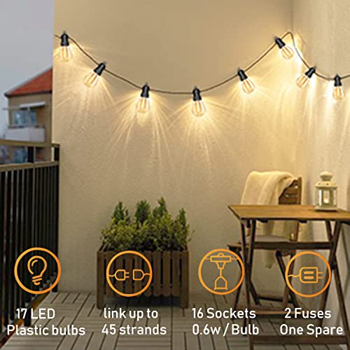 S14 48Ft LED Outdoor String Lights, Hanging Patio Lights Outdoor Waterproof with 16 Shatterproof LED Bulbs, LED Outdoor Lights for Patio Backyard Garden Balcony Cafe Wedding Party Gazebo Decorations