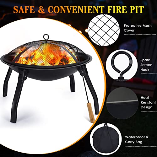 Cogesu Fire Pit, 22in Foldable Wood Burning Fire Pits for Outside, Firepit with Carry Bag, Spark Screen & Poker, Pack Grill, Folding Legs for Camping, Picnic, Bonfire