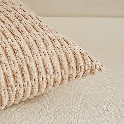 Fancy Homi 4 Packs Neutral Decorative Throw Pillow Covers 18x18 Inch for Living Room Couch Bed Sofa, Rustic Farmhouse Boho Home Decor, Soft Plush Striped Corduroy Square Cushion Case 45x45 cm