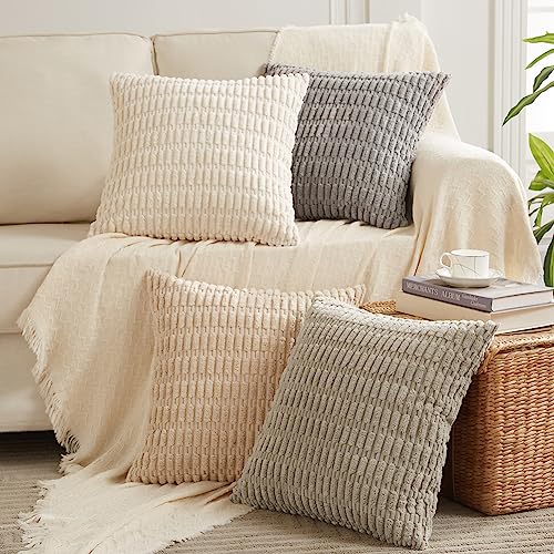 Fancy Homi 4 Packs Neutral Decorative Throw Pillow Covers 18x18 Inch for Living Room Couch Bed Sofa, Rustic Farmhouse Boho Home Decor, Soft Plush Striped Corduroy Square Cushion Case 45x45 cm