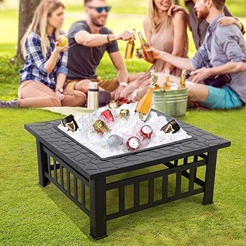Yaheetech Multifunctional Fire Pit Table 32in Square Metal Firepit Stove Backyard Patio Garden Fireplace for Camping, Outdoor Heating, Bonfire and Picnic