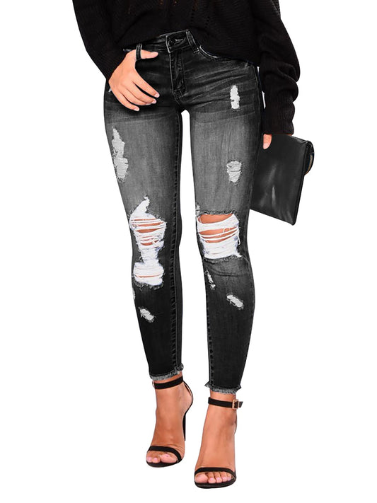KUNMI Women's Mid Waisted Skinny Stretch Ripped Jeans Frayed Distressed Denim Pants