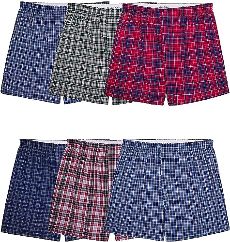 Fruit of the Loom Men's Tag-Free Woven Boxer Shorts, Relaxed Fit, Moisture Wicking, Color Multipacks, Assorted Plaid, X-Large