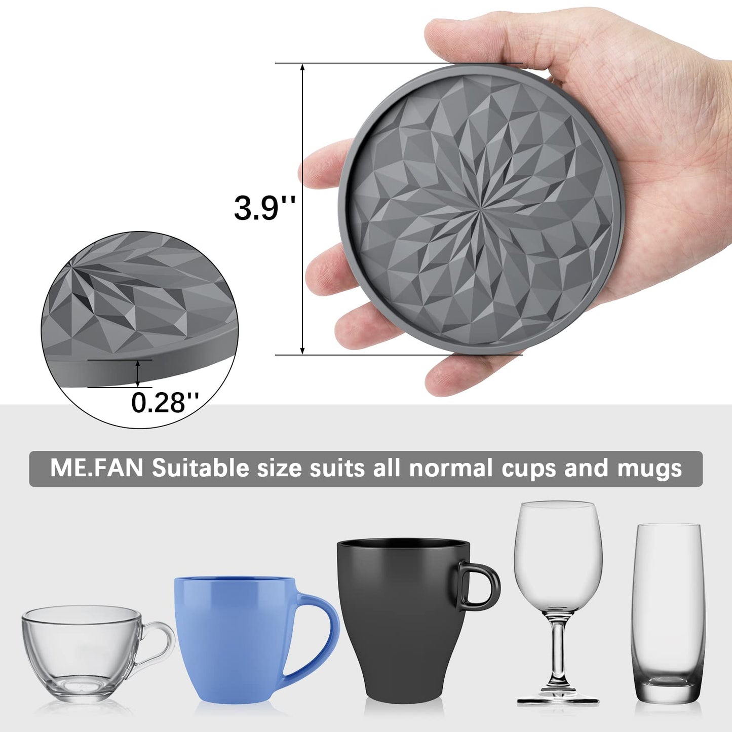ME.FAN Silicone Coasters [6 Pack] Coasters with Holder - Drinking Coasters - Cup Mat for Drinks - Live for Hot or Cold Drink Thickened, Non-Slip, Non-stick, Deep Tray Black