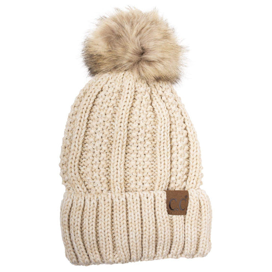 C.C Thick Cable Knit Faux Fuzzy Fur Pom Fleece Lined Skull Cap Cuff Beanie, Beige/Ivory