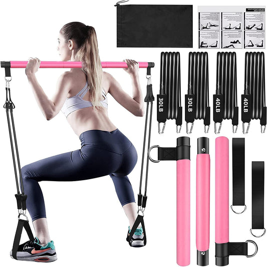 Bbtops Pilates Bar Kit with Resistance Bands(4 x Bands),3-Section Pilates Bar with Stackable Bands Workout Equipment for Legs,Hip,Waist and Arm (Pink(30lbs,4lbs))