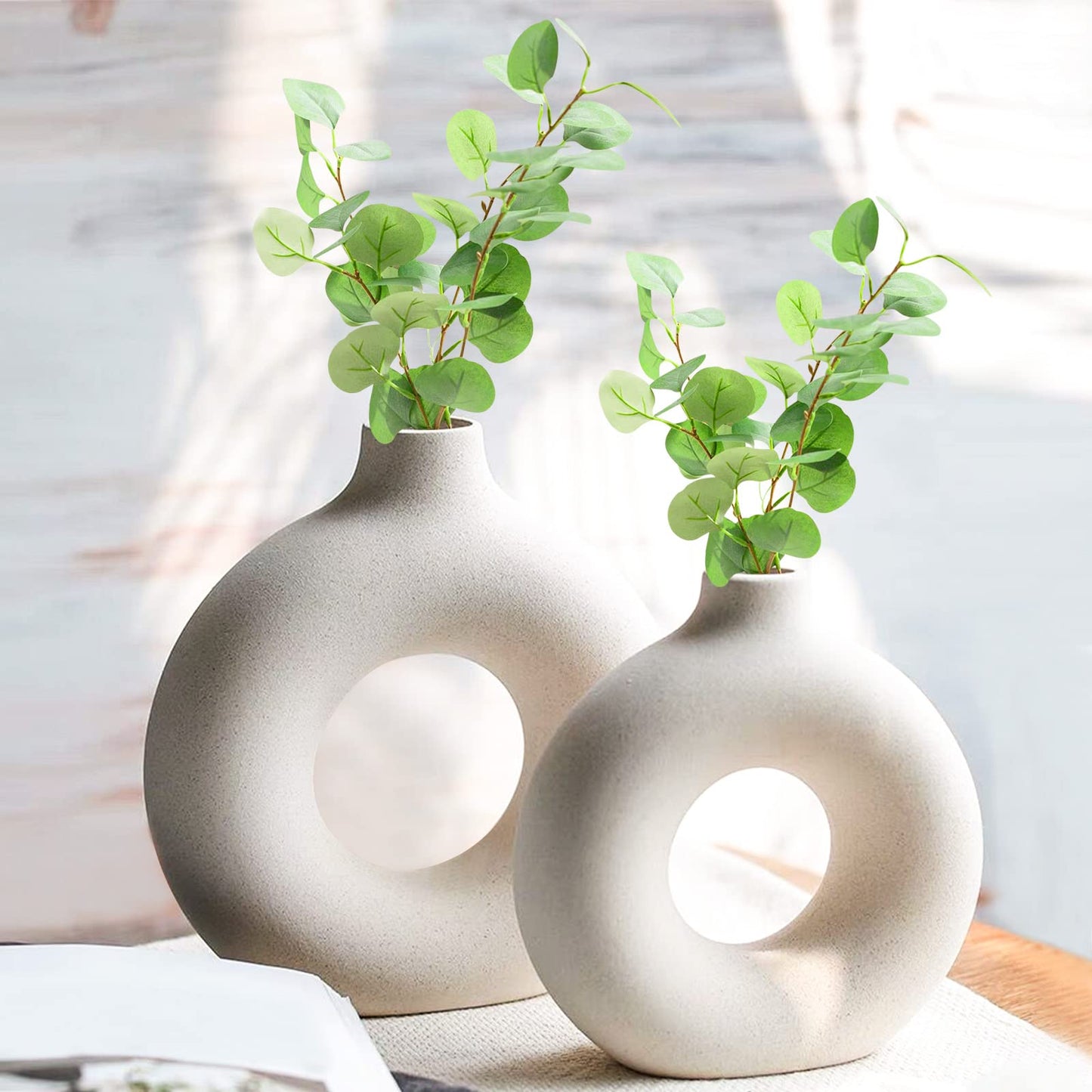 White Ceramic Vase, Modern Vase for Minimalist Decor, Hollow Round Matte Pampas Flower Vases for Boho Home Wedding Party Room Dinner Table Shelf Decor (2pcs)