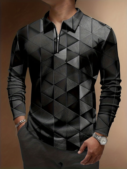 Men's Geometric Pattern Long Sleeve Zipper Shirt - Trendy and Comfortable for Spring and Fall