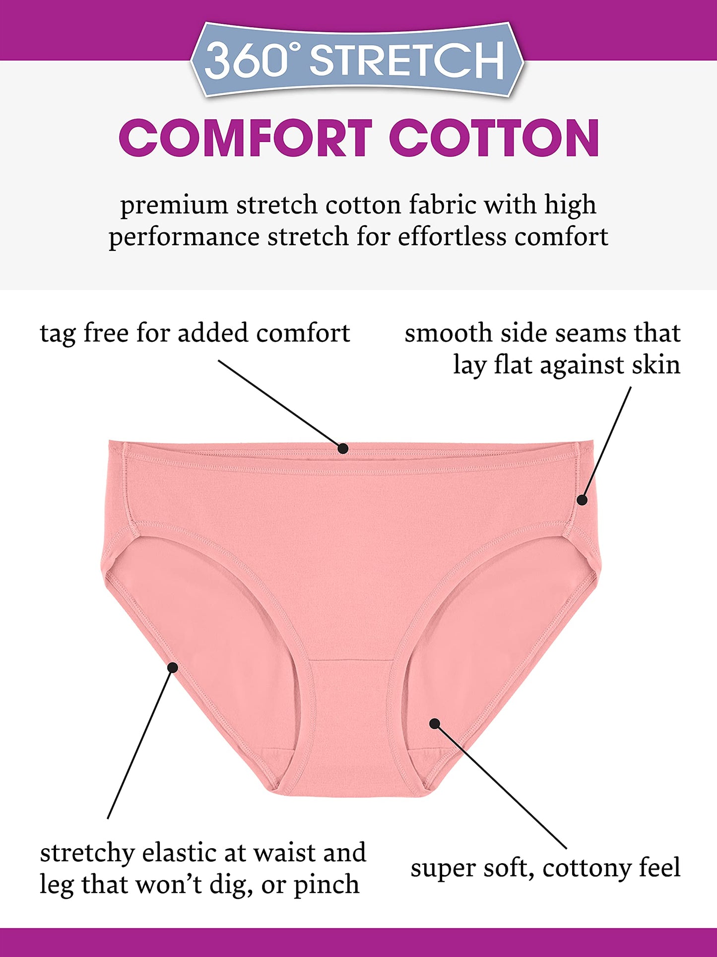 Fruit of the Loom Women's 360 Stretch Cotton Underwear, Available in Plus Sizes, 6-Pack Bikini - Colors Vary