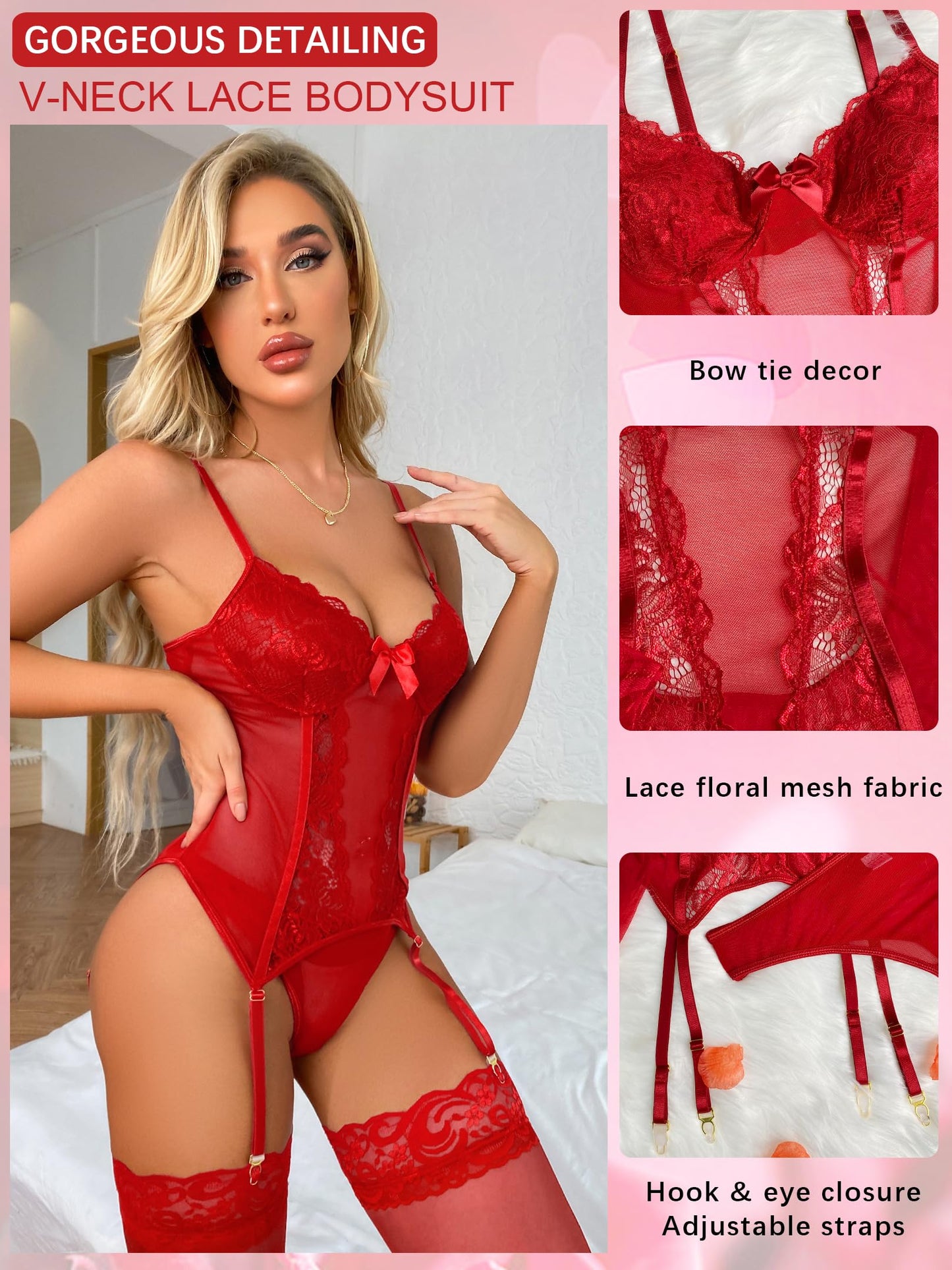 ssyyx Women's Sexy Lingerie Set with Garter Belt Lace Bodysuit Teddy Baby Dolls Panty with Stockings Red