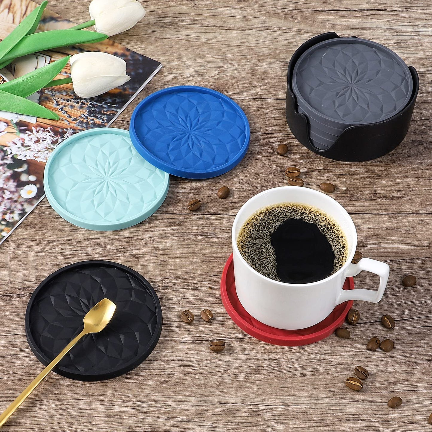 ME.FAN Silicone Coasters [6 Pack] Coasters with Holder - Drinking Coasters - Cup Mat for Drinks - Live for Hot or Cold Drink Thickened, Non-Slip, Non-stick, Deep Tray Black