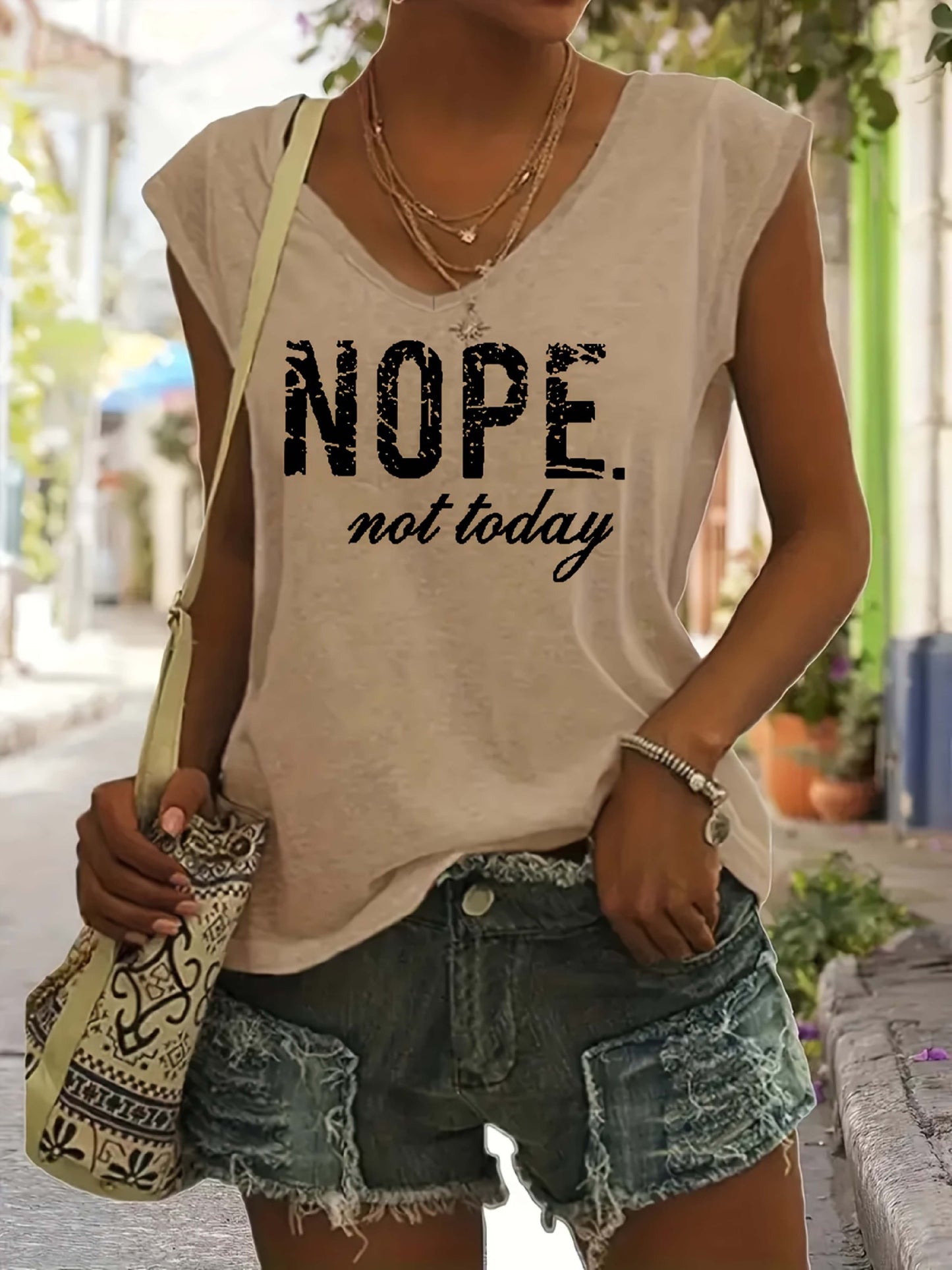 "Nope. Not Today" Letter Print T-shirts, V-neck Cap Sleeve Fashion Top, Women's Clothing