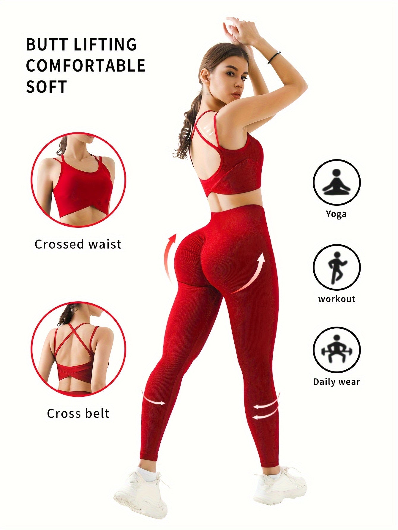 2pcs Solid Color Workout Sets, Backless Sports Bra & Wide Waistband Hip Lift Running Leggings, Women's Activewear